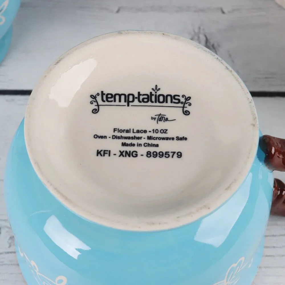 Tempt-ations Floral Lace Light Blue 10 oz Footed Tea Cups Set of 4 Rare Find!